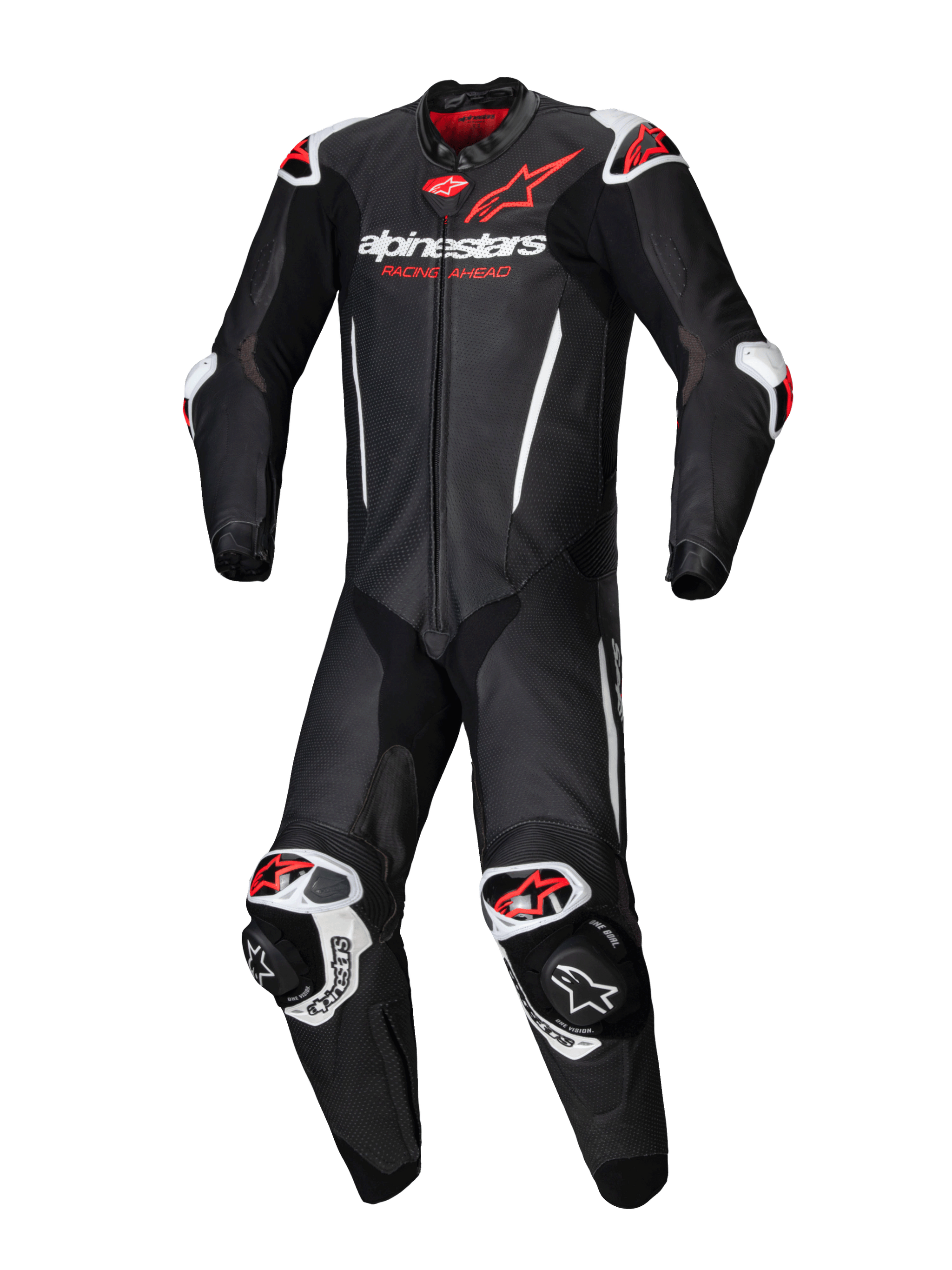 Alpinestars GP-R7 Leather Suit - 1 Piece, men's black and red fluo racing gear, 1.3mm bovine leather, Tech-Air ready.
