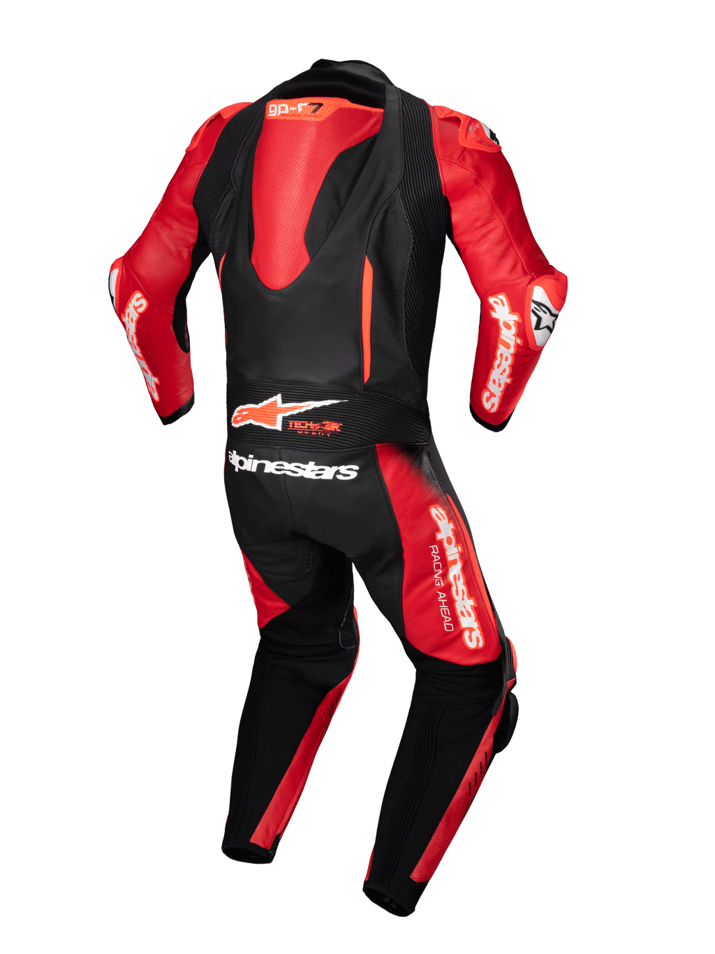 Alpinestars GP-R7 One-Piece Leather Suit, black and red motorcycle racing suit with aerodynamic hump and Tech-Air Ready logo.