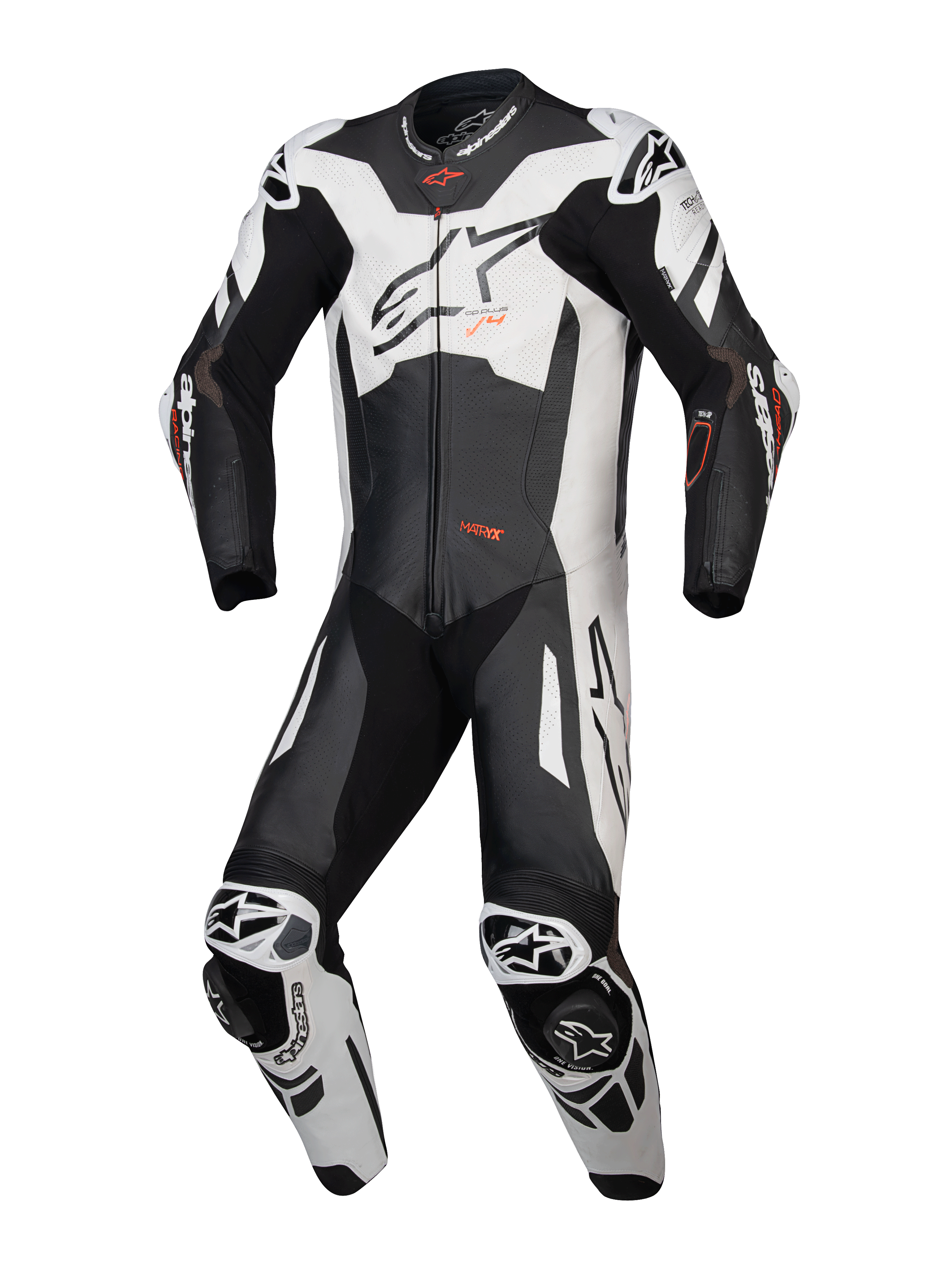 Alpinestars GP Plus V4 Sprint 1 Piece Leather Suit, motorcycle racing suit in Black and White with Red Fluo, Tech-Air Ready, CE AAA certified.