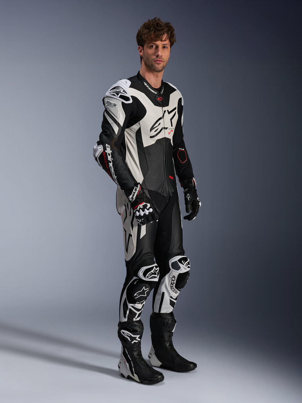 Alpinestars GP Plus V4 Sprint 1 Piece Leather Suit, Black, White, and Red Fluo, Tech-Air Ready men's motorcycle racing gear.