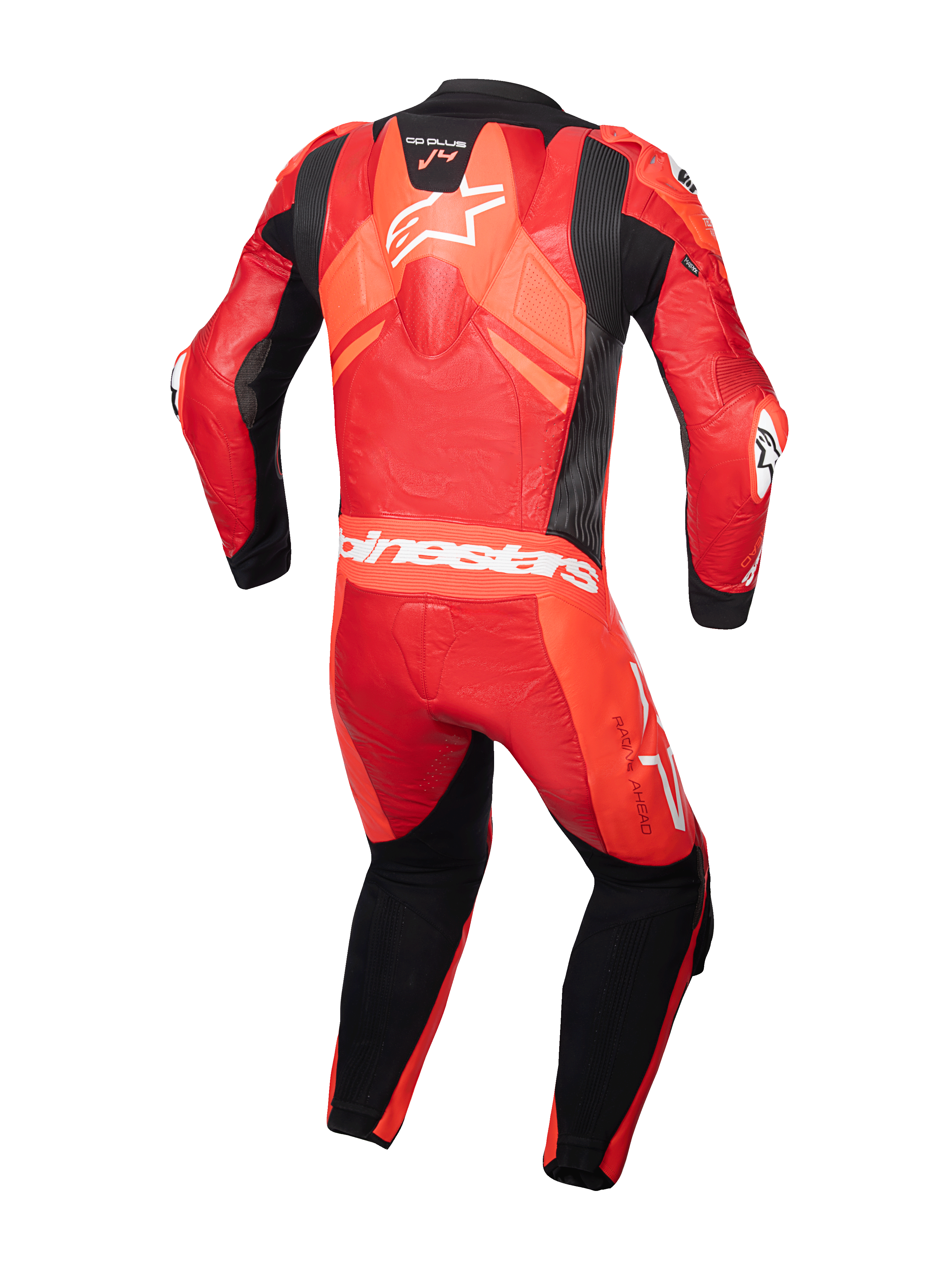 Alpinestars GP Plus V4 Sprint Leather Suit, 1 Piece Racing Suit, Men's, Red Fluo and Black, with aerodynamic hump.