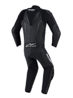 Alpinestars GP Force V2 Leather Suit - 1Piece, Black, Rear view featuring aerodynamic speed hump, perforated leather panels, and accordion stretch zones on shoulders and lower back, Tech-Air Ready logo, professional track and sport riding gear
