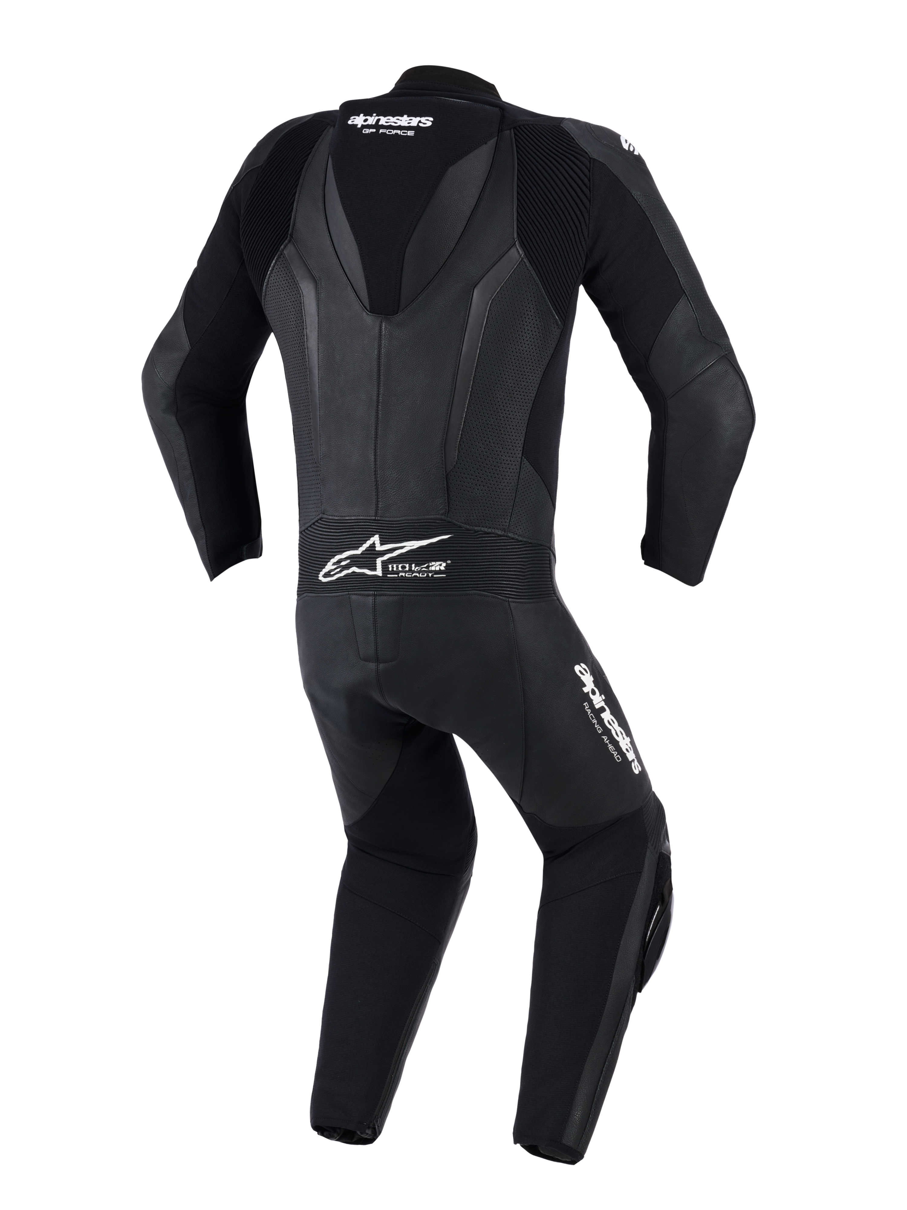 Alpinestars GP Force V2 Leather Suit - 1Piece, Black, Rear view featuring aerodynamic speed hump, perforated leather panels, and accordion stretch zones on shoulders and lower back, Tech-Air Ready logo, professional track and sport riding gear