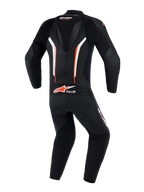 Alpinestars GP Force V2 Leather Suit 1-Piece, back view, Black White and Red Fluo, featuring an aerodynamic speed hump, perforated leather panels for ventilation, and Tech-Air Ready branding on the lower back, professional motorcycle racing gear.
