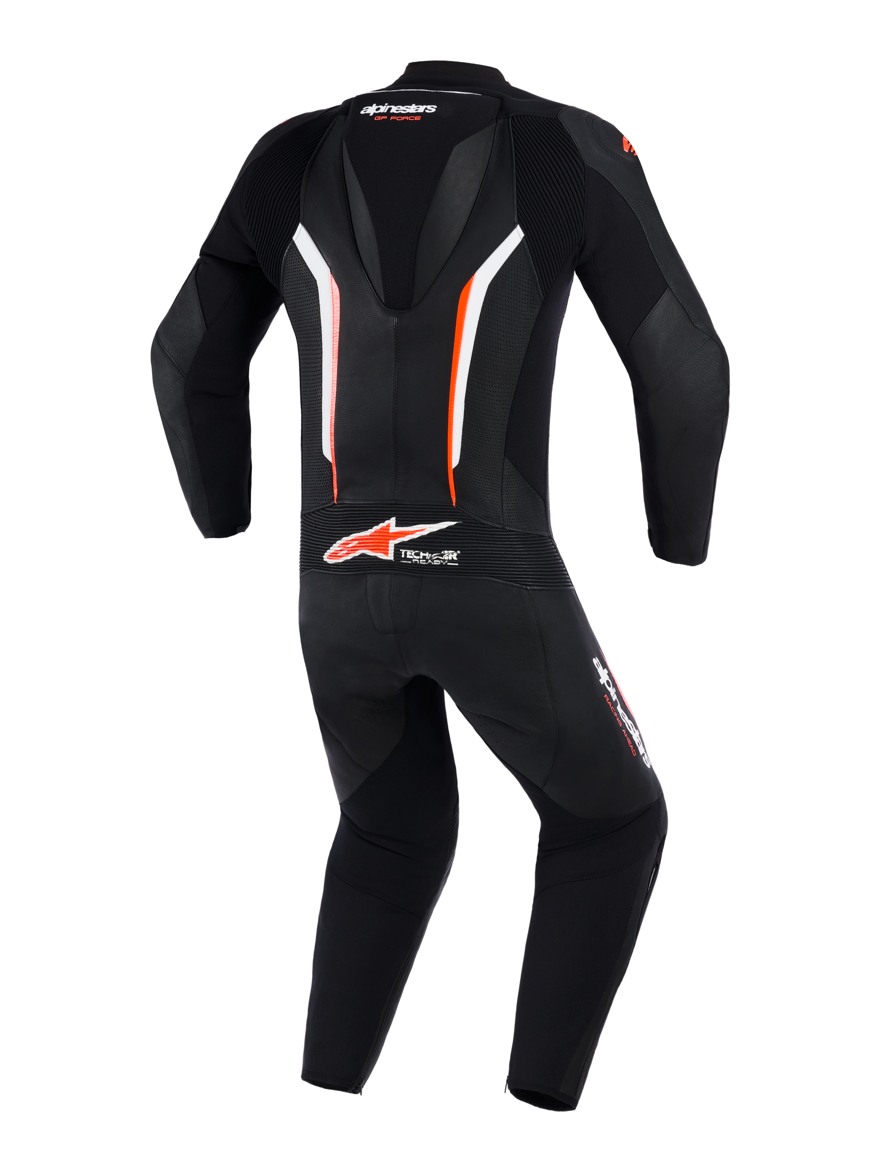 Alpinestars GP Force V2 Leather Suit 1-Piece, back view, Black White and Red Fluo, featuring an aerodynamic speed hump, perforated leather panels for ventilation, and Tech-Air Ready branding on the lower back, professional motorcycle racing gear.