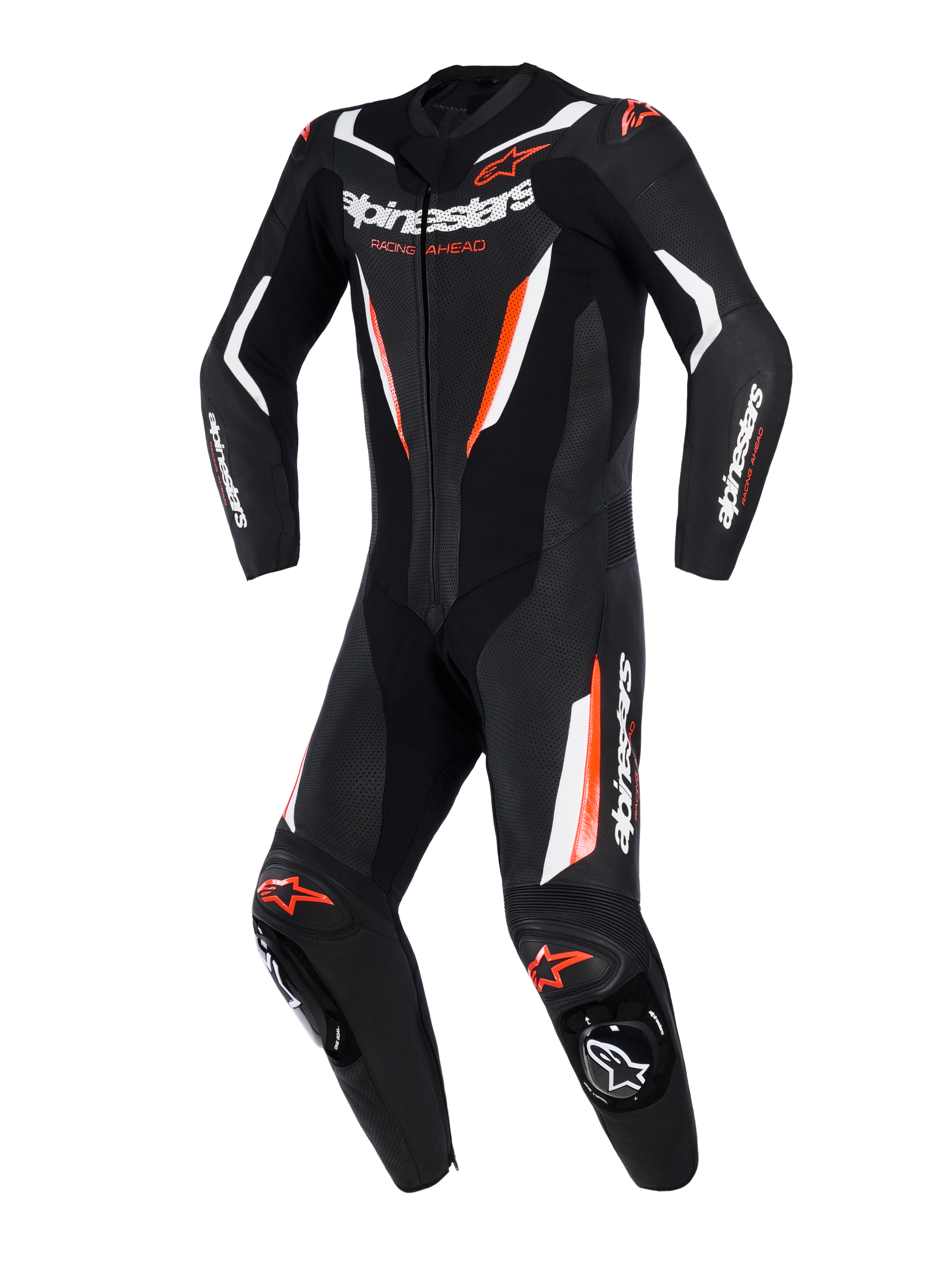 Alpinestars GP Force V2 Leather Suit, 1-Piece Motorcycle Racing Suit, Black White and Red Fluo, featuring perforated leather panels, white and fluorescent red accents, Alpinestars branding on chest and sleeves, professional track-ready design.