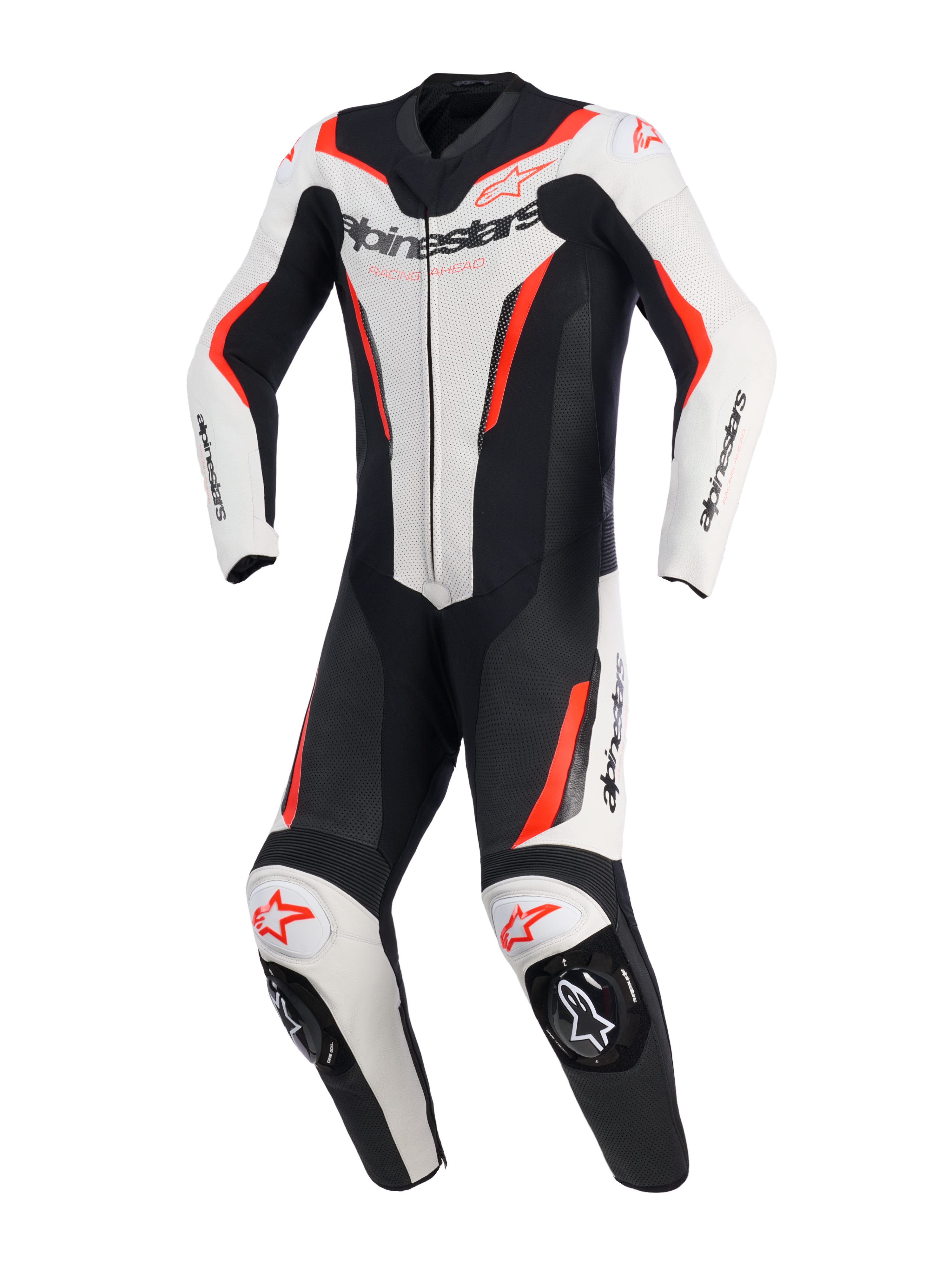 Alpinestars GP Force V2 Leather Suit - 1Piece, White Black and Red Fluo, one-piece motorcycle racing suit, front view, featuring perforated leather panels, Alpinestars branding on the chest and shoulders, and integrated knee sliders.