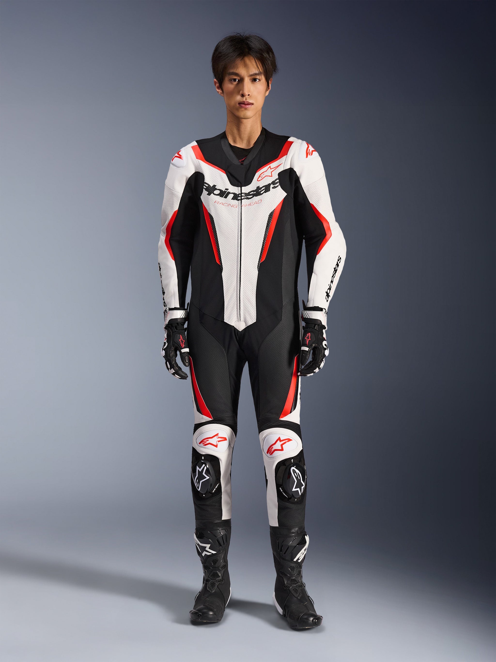Alpinestars GP Force V2 Leather Suit, 1-Piece Motorcycle Racing Suit, Black White and Red, Full-Body Protection with Logos, CE Certified, Sleek Aerodynamic Design