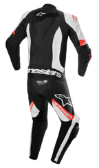 Alpinestars Missile V2 Ward 1-Piece Leather Suit, Motorcycle Suit, Black White and Red Fluo, rear view featuring aerodynamic speed hump, Tech-Air Ready logo on lower back, accordion stretch zones, and bold Alpinestars branding on legs and back