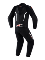Alpinestars GP Force V2 Leather Suit 2-Piece, Motorcycle Racing Suit, Black White and Red Fluo, rear view showing aerodynamic speed hump, Tech-Air Ready branding on the lower back, perforated leather panels for ventilation, and Alpinestars logos on the legs and neck.