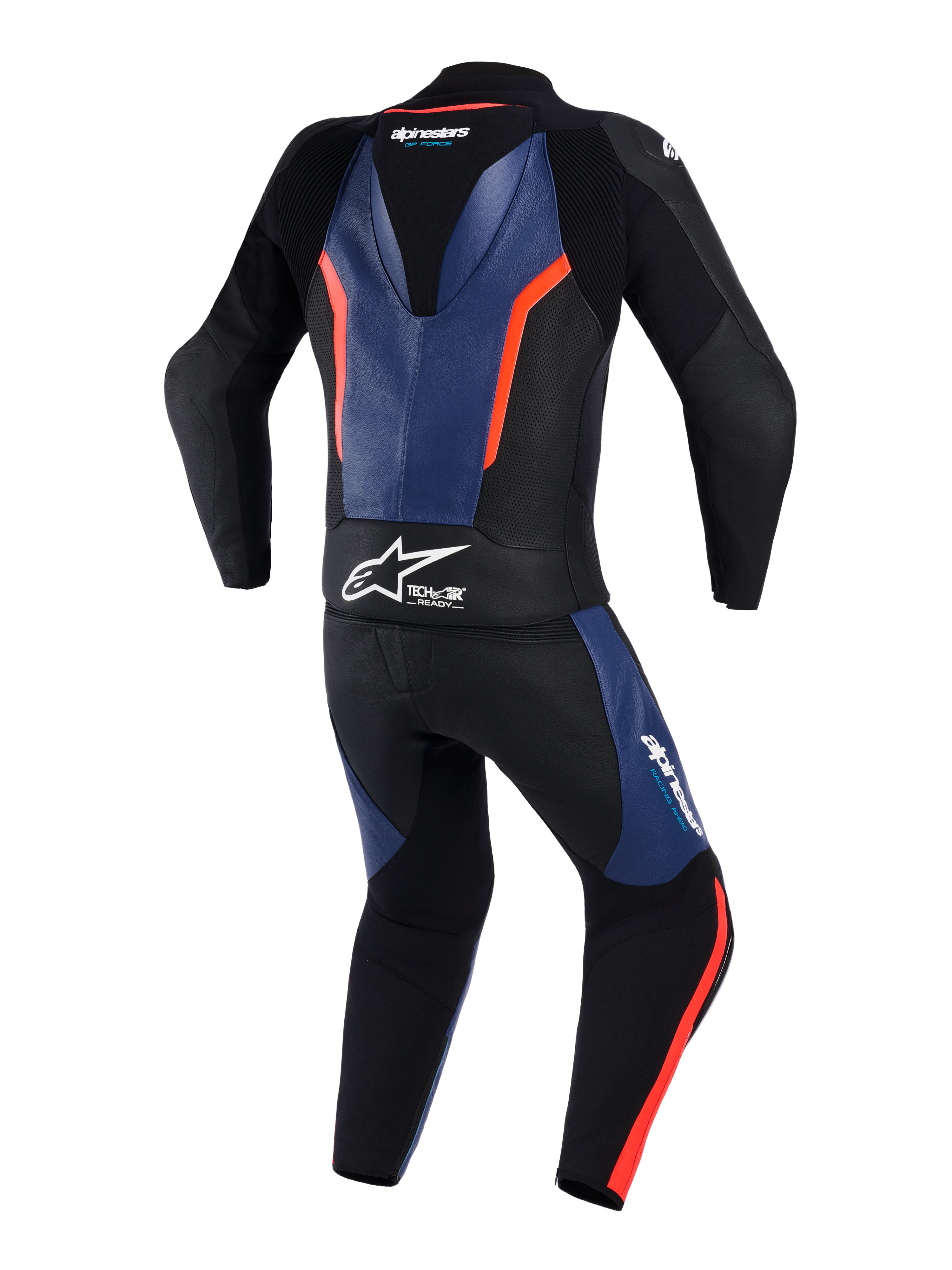 Alpinestars GP Force V2 Leather Suit 2-Piece, Rear View, Black with Blue and Red Fluo accents, professional motorcycle racing suit featuring an aerodynamic speed hump, white Tech-Air Ready branding on the waist, perforated leather panels, and accordion stretch zones for enhanced mobility.