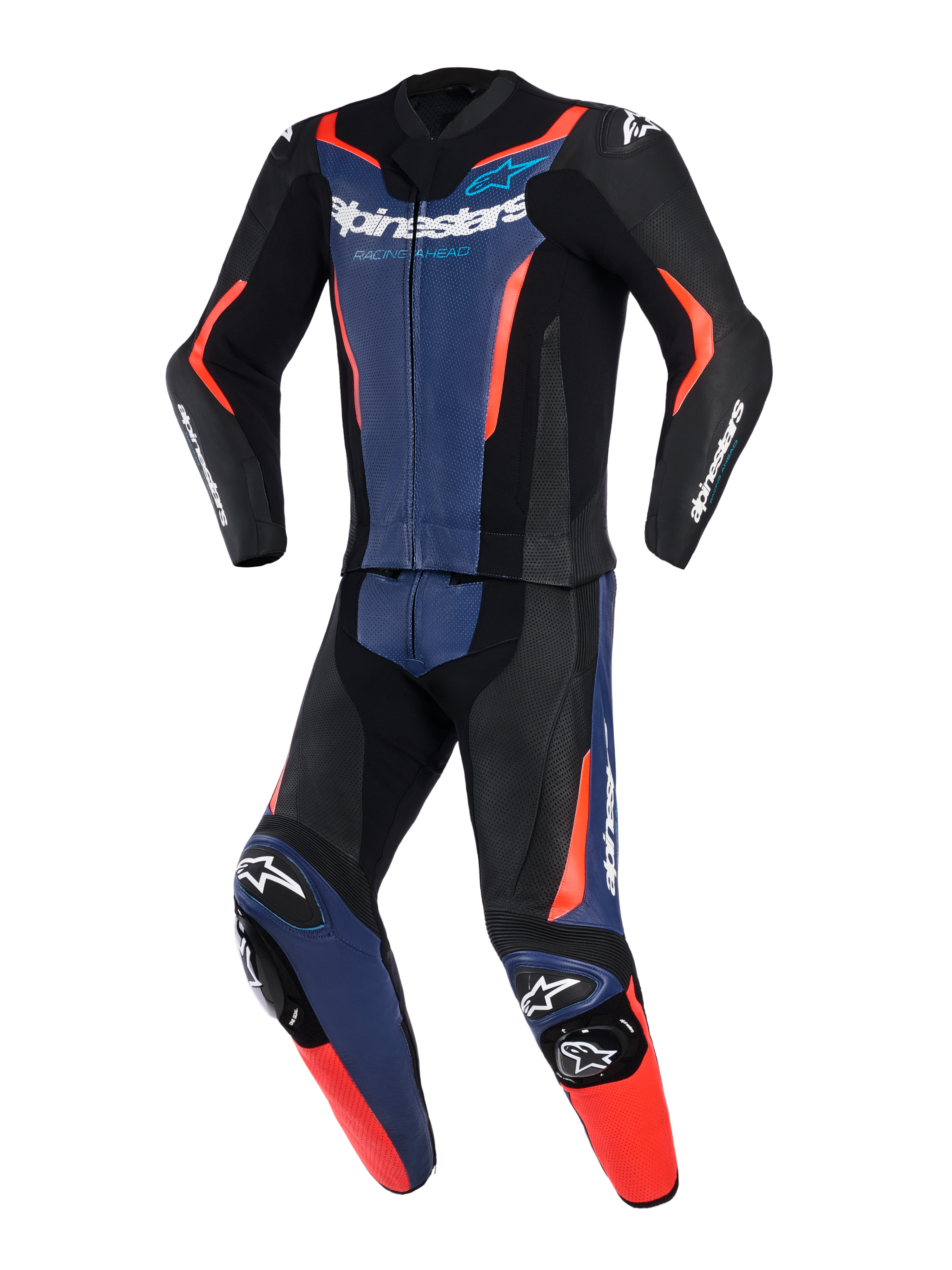 Alpinestars GP Force V2 Leather Suit 2-Piece, Black Blue and Red Fluo, professional motorcycle racing suit with perforated leather panels, integrated knee sliders, and bold branding on chest and sleeves