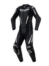 Alpinestars Stella GP-R7 2-Piece Leather Suit, Women's Motorcycle Racing Suit, Black with white accents and branding, featuring perforated leather for ventilation, external DFS armor on shoulders and knees, and a pre-curved athletic fit.