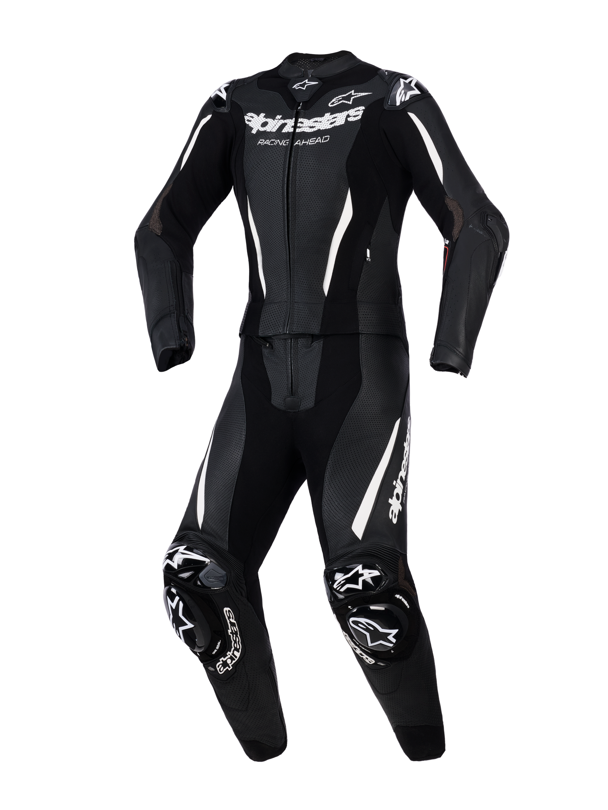 Alpinestars Stella GP-R7 2-Piece Leather Suit, Women's Motorcycle Racing Suit, Black with white accents and branding, featuring perforated leather for ventilation, external DFS armor on shoulders and knees, and a pre-curved athletic fit.