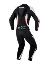 Alpinestars Woman Stella GP-R7 Leather Suit - 2Piece, Back View, Black White and Red Fluo, featuring an aerodynamic hump, accordion stretch panels, and perforated leather for professional racing performance.