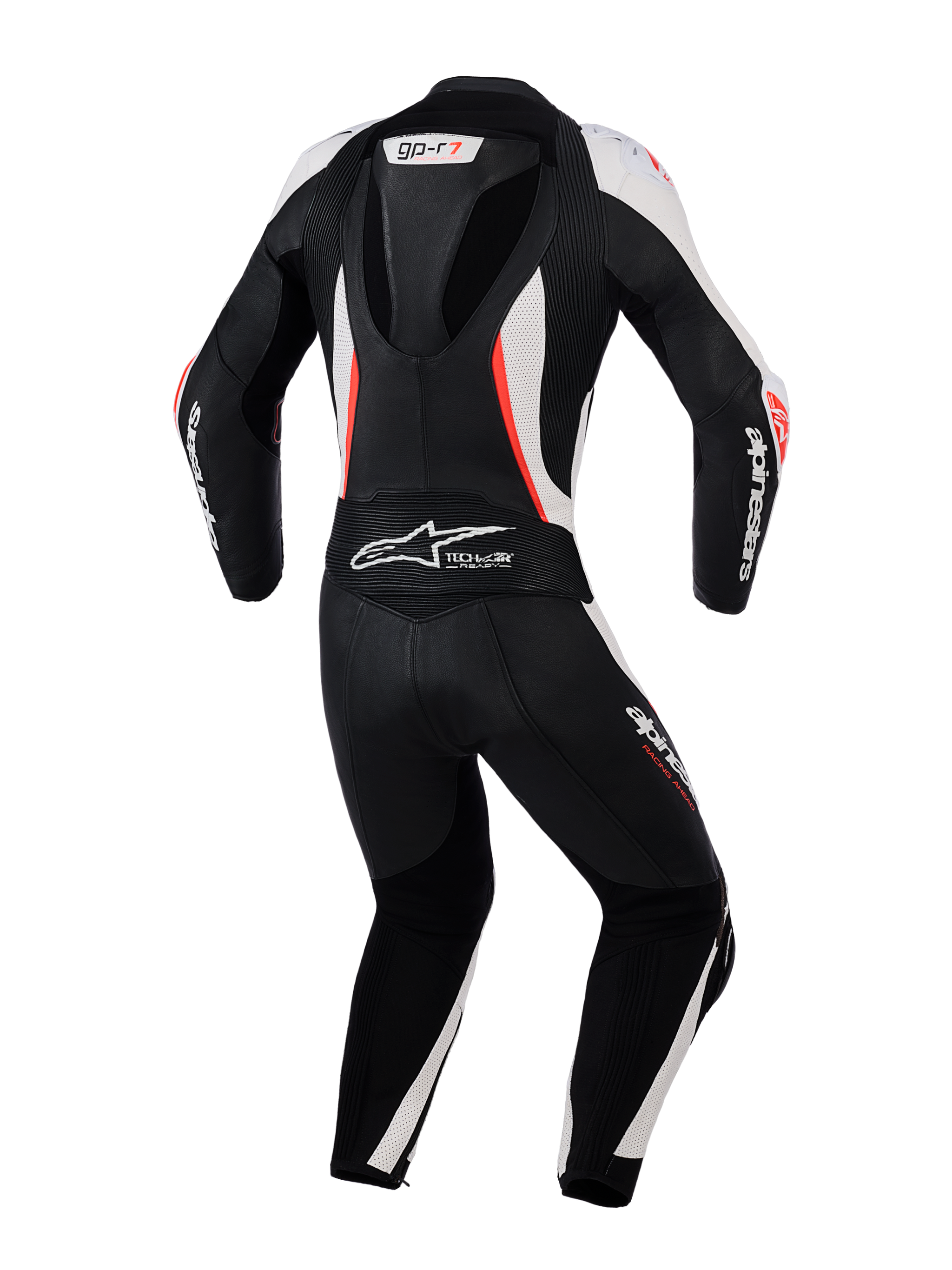 Alpinestars Woman Stella GP-R7 Leather Suit - 2Piece, Back View, Black White and Red Fluo, featuring an aerodynamic hump, accordion stretch panels, and perforated leather for professional racing performance.