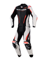 Alpinestars Woman Stella GP-R7 2-Piece Leather Suit, Women's Motorcycle Racing Suit, Black White and Red Fluo, featuring perforated leather panels, integrated armor at shoulders and knees, aerodynamic design, and bold branding on the chest and legs