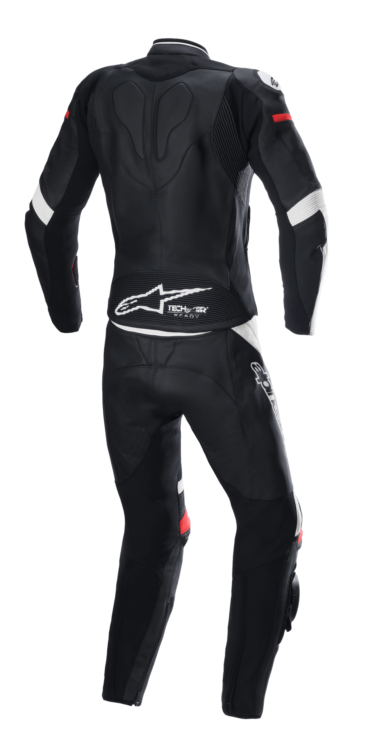 Alpinestars Stella GP Plus 2-Piece Leather Suit, Black White and Bright Red, Rear View, featuring Tech-Air Ready branding and Alpinestars logo on the lower back, ergonomic protective suit with stretch panels for motorcycle racing.