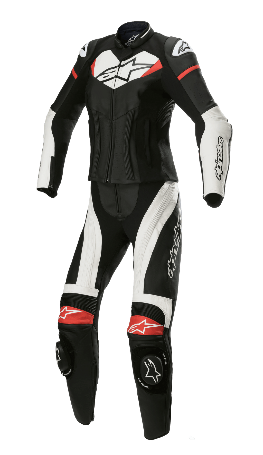 Alpinestars Stella GP Plus 2-Piece Leather Suit, Women's Motorcycle Racing Suit, Black with White and Bright Red accents, two-piece leather construction with aerodynamic profile, featuring DFS Lite shoulder armor, knee sliders, and stretch panels for a dedicated women's fit.