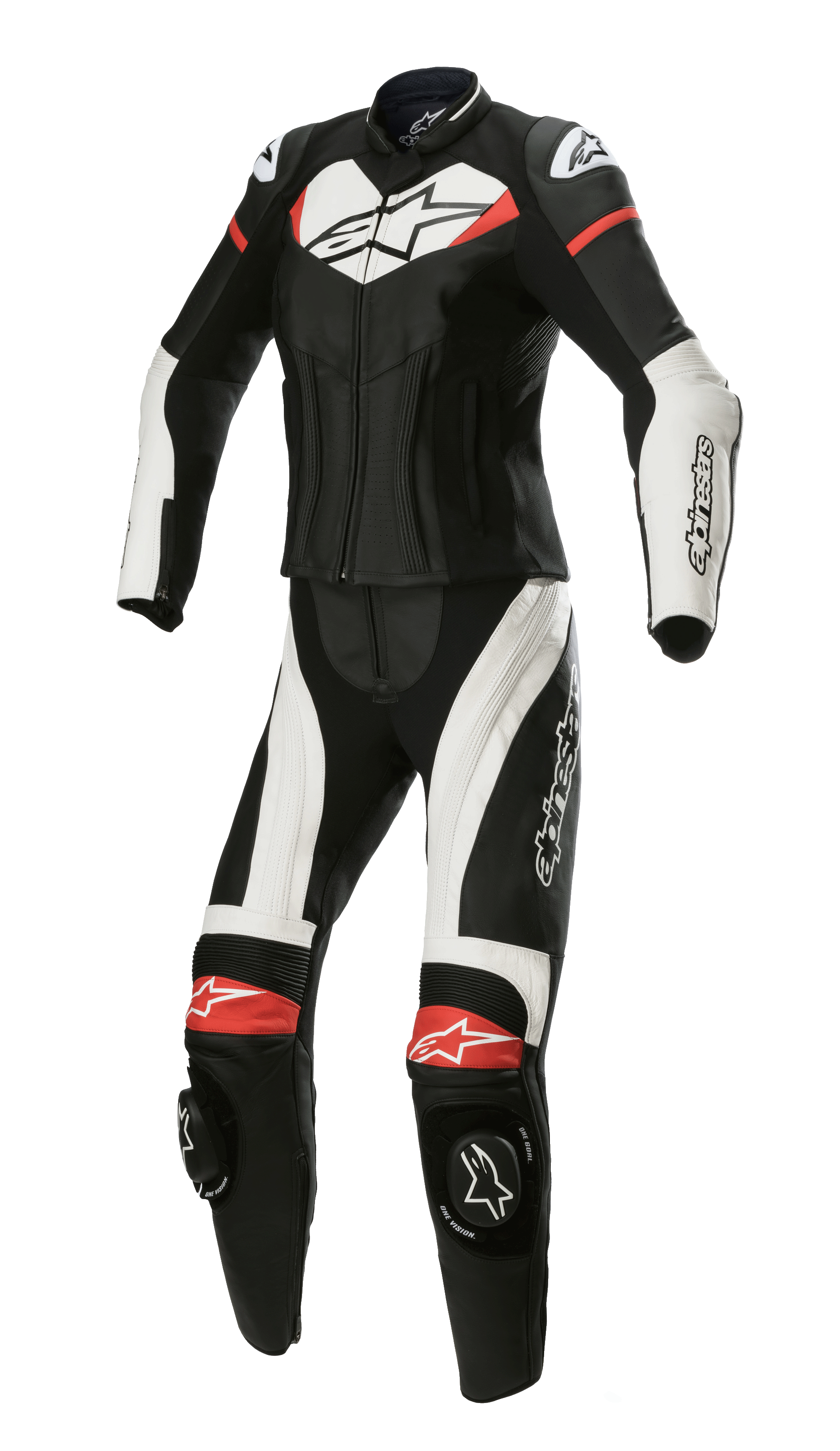 Alpinestars Stella GP Plus 2-Piece Leather Suit, Women's Motorcycle Racing Suit, Black with White and Bright Red accents, two-piece leather construction with aerodynamic profile, featuring DFS Lite shoulder armor, knee sliders, and stretch panels for a dedicated women's fit.