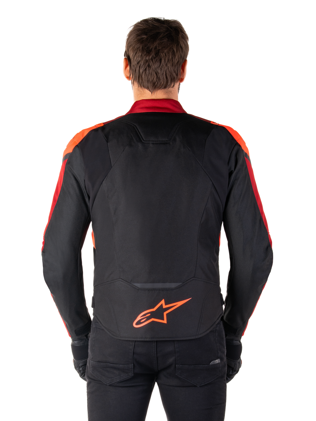 Alpinestars T-Jaws V4 Waterproof Jacket, Rear view, Black with Red Fluo and Dark Red accents, orange logo on lower back, extended back panel for riding coverage, sporty textile motorcycle jacket