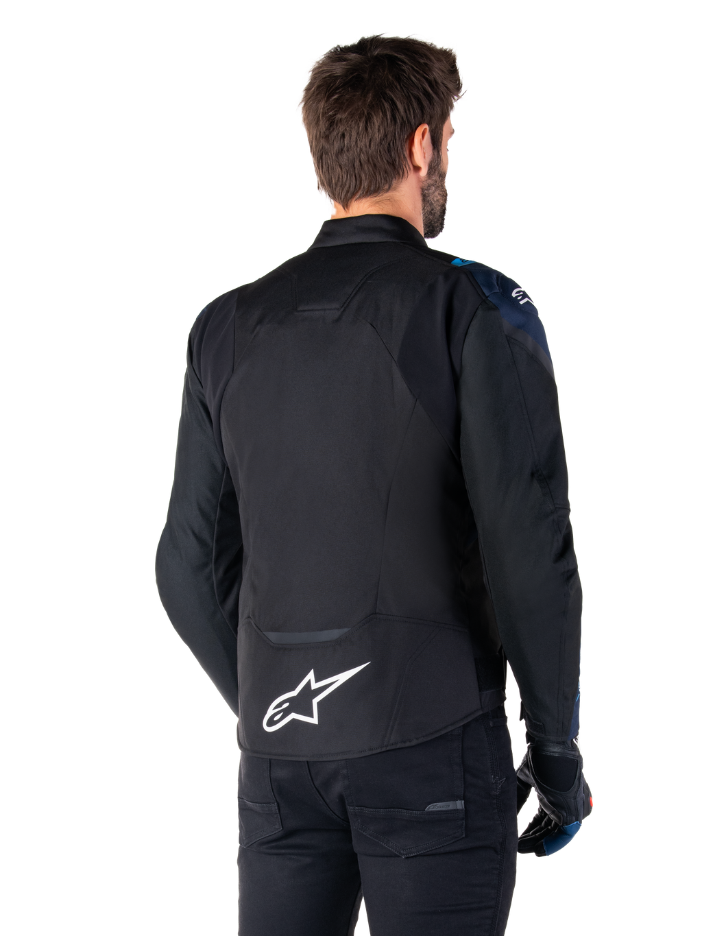Alpinestars T-Jaws V4 Waterproof Jacket, Back View, Black with Dark Blue and Blithe Blue details, white star logo on lower back, sport silhouette, worn with black pants and riding gloves