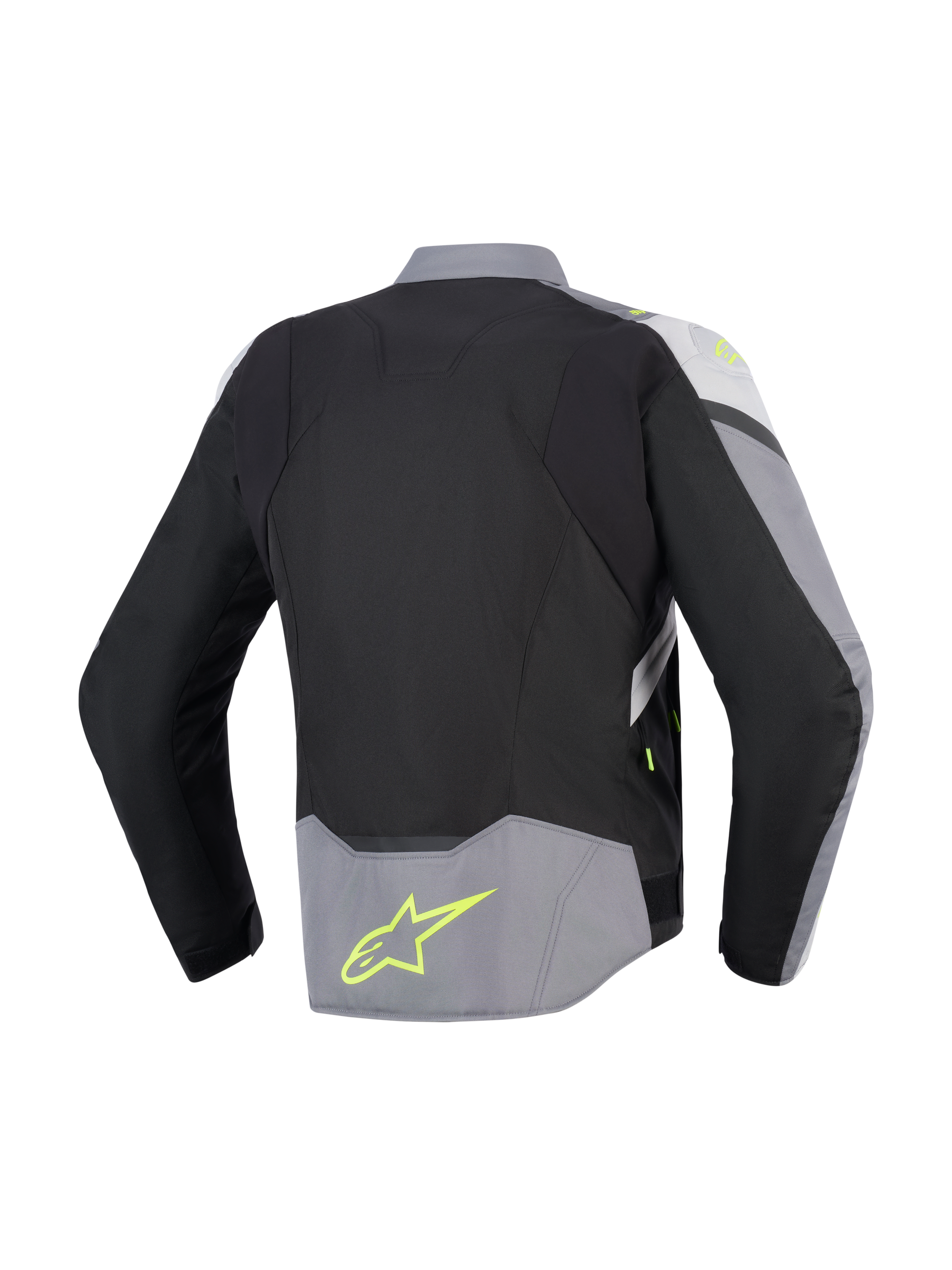 Alpinestars T-Jaws V4 Waterproof Jacket, Rear View, Black Ice Gray and Dark Gray, textile motorcycle jacket with fluorescent yellow accents and logo on lower back, sport fit with extended rear profile