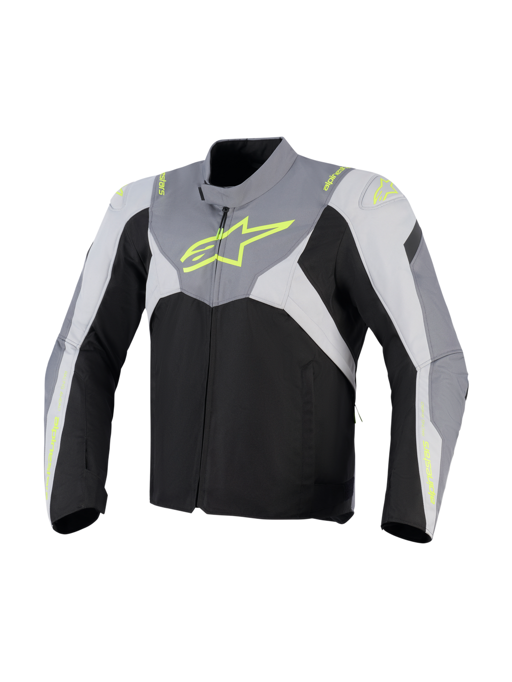 Alpinestars T-Jaws V4 Waterproof Jacket, Textile Motorcycle Jacket, Black Ice Gray and Dark Gray with fluorescent yellow branding, featuring a large neon chest logo and protective shoulder panels