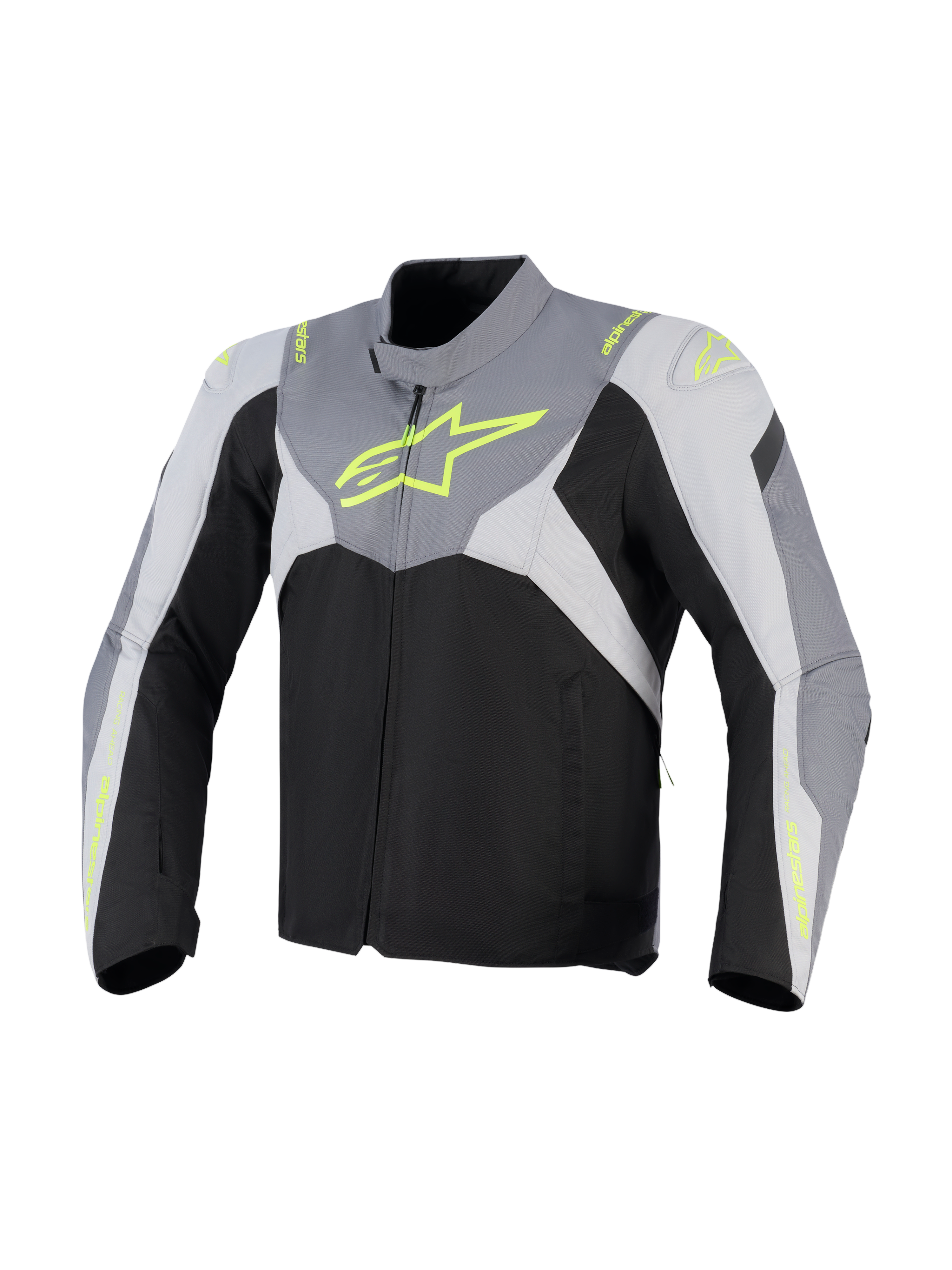 Alpinestars T-Jaws V4 Waterproof Jacket, Textile Motorcycle Jacket, Black Ice Gray and Dark Gray with fluorescent yellow branding, featuring a large neon chest logo and protective shoulder panels