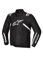 Alpinestars T-SPS V2 Waterproof Jacket, men's road motorcycle textile jacket in black and white, featuring durable 600D poly fabric construction, CE Level 1 Nucleon Flex Plus protection, and Tech-Air readiness