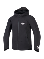 Alpinestars Aeroshell Waterproof Jacket, Black, front view of a hooded motorcycle jacket featuring white ASTARS branding on the chest and cuff, sleek textile finish with a waterproof front zipper