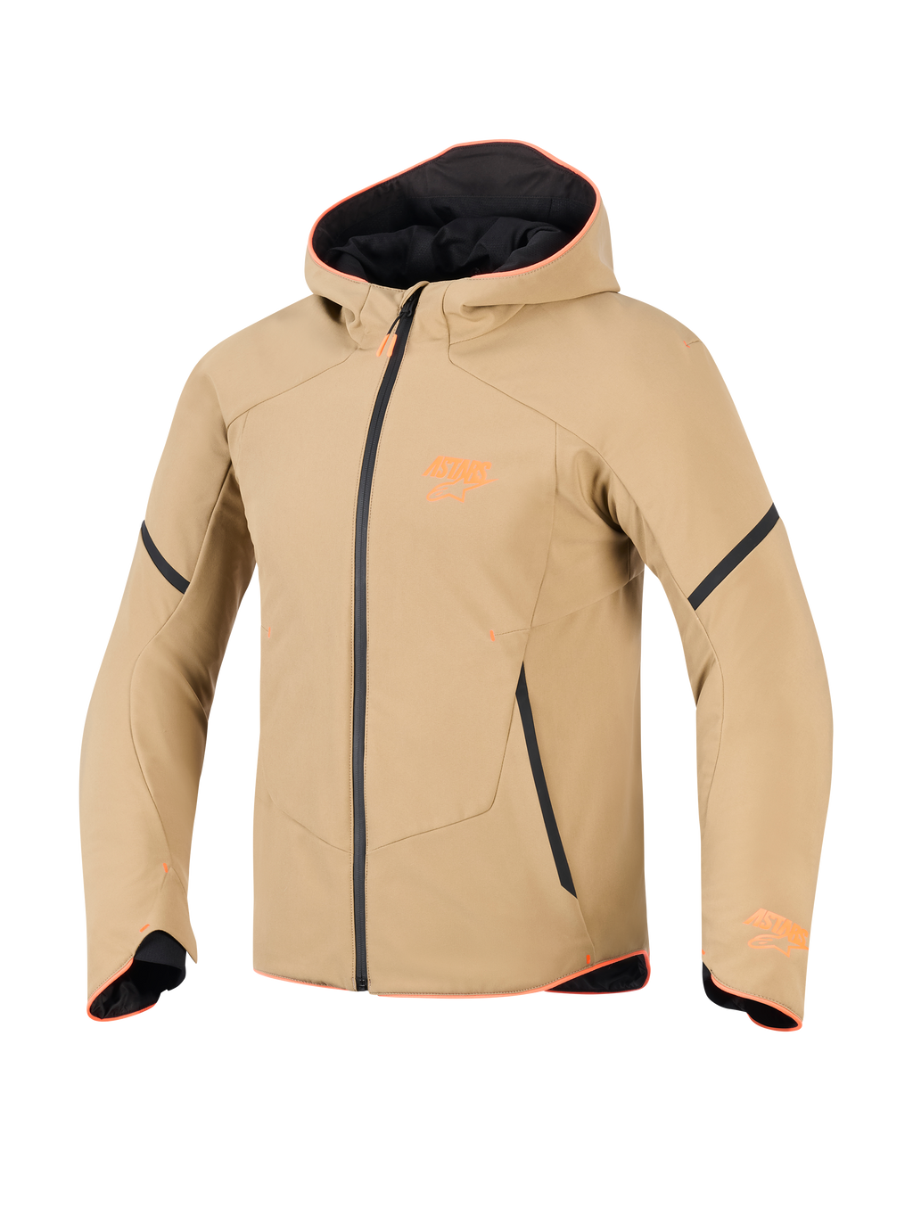 Alpinestars Aeroshell Waterproof Jacket, Dark Khaki with Black and Orange Fluo accents, sports softshell hoodie style, technical motorcycle riding gear featuring orange trim and chest logo
