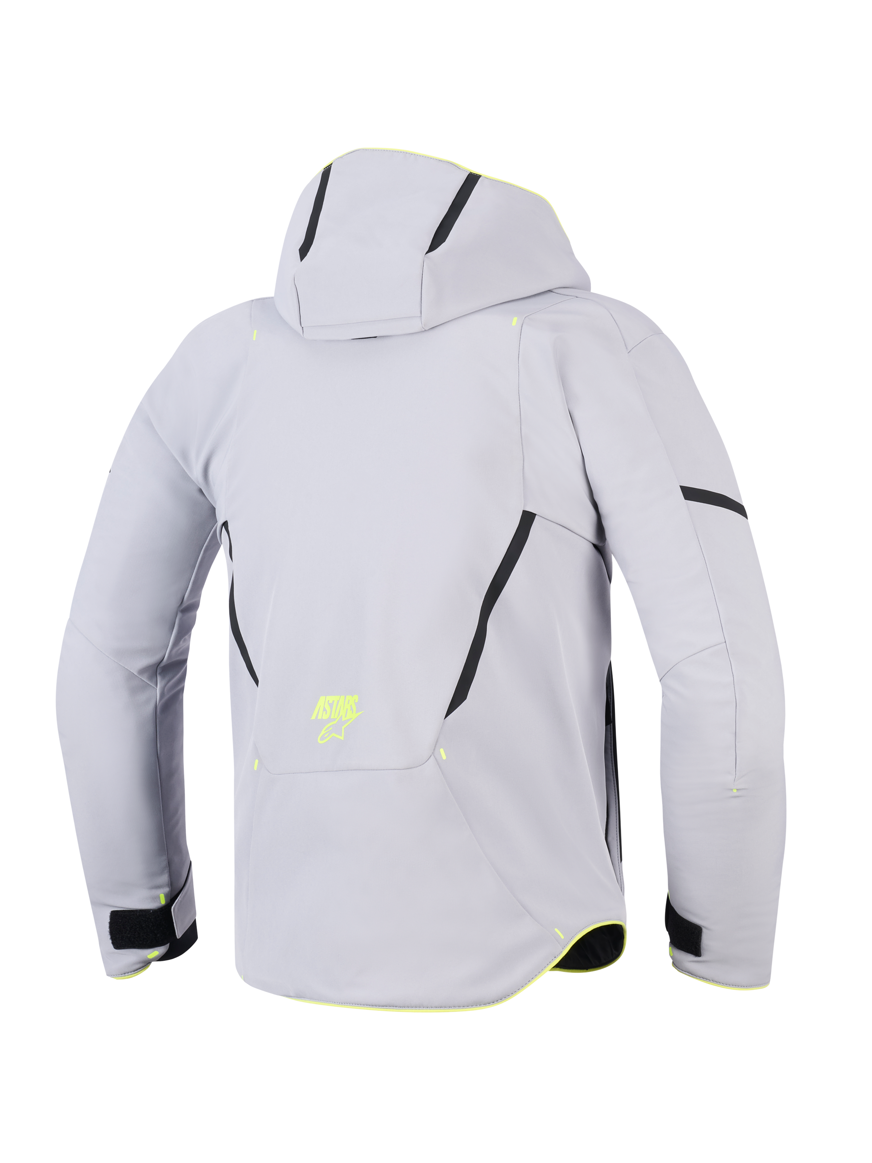 Alpinestars Aeroshell Waterproof Jacket, Mid Gray Yellow Fluo, back view of a hooded motorcycle jacket, light gray textile softshell with black diagonal accents, yellow fluorescent ASTARS logo on the lower back, modern sport-focused design.