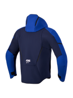 Alpinestars Aeroshell Waterproof Jacket, Men's Night Navy and Bright Blue motorcycle softshell jacket, rear view showing integrated hood and white Astars logo