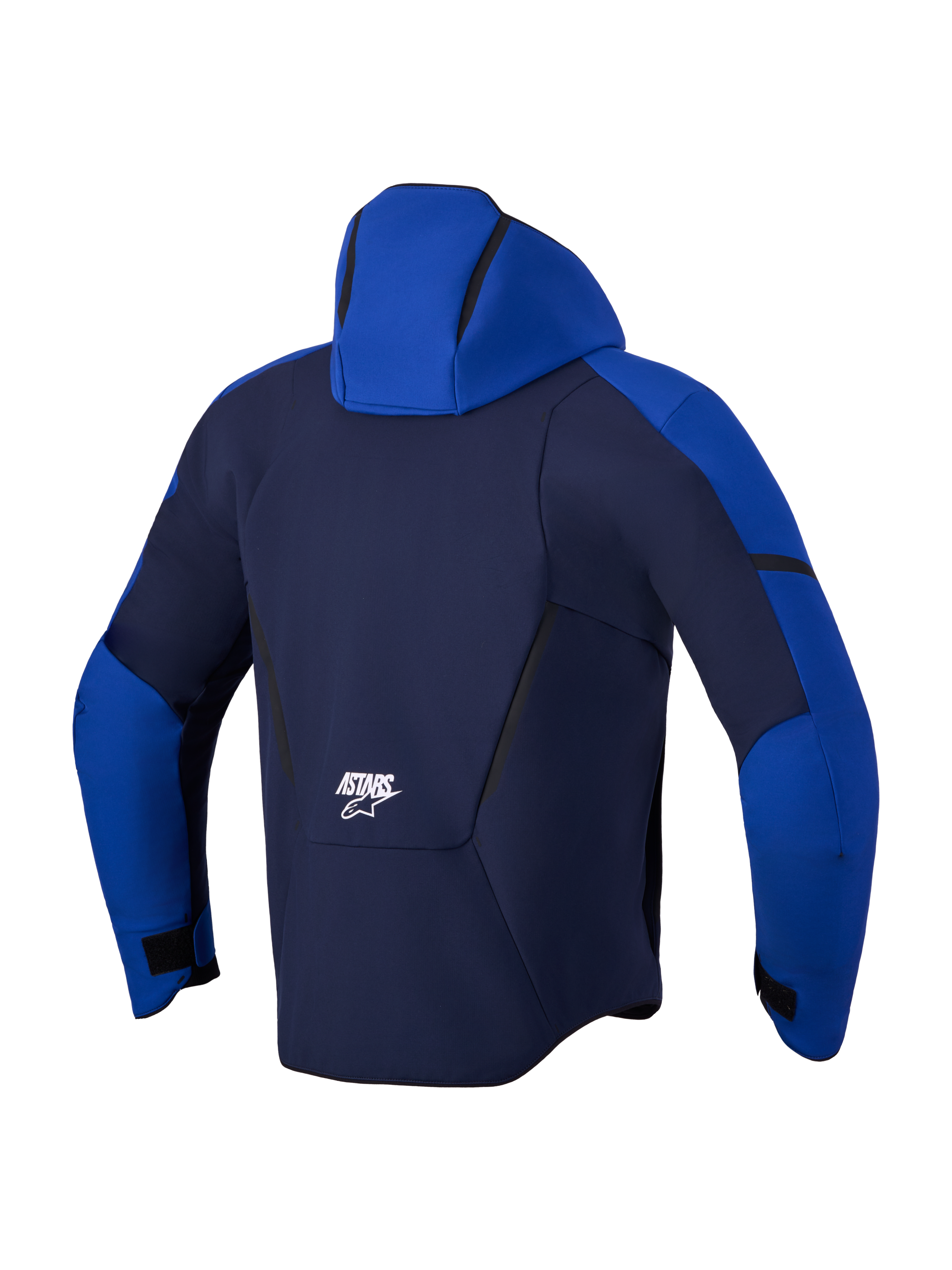 Alpinestars Aeroshell Waterproof Jacket, Men's Night Navy and Bright Blue motorcycle softshell jacket, rear view showing integrated hood and white Astars logo