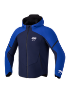 Alpinestars Aeroshell Waterproof Jacket, Men's Night Navy and Bright Blue motorcycle sports softshell jacket with integrated hood and white Astars logo