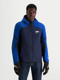 Alpinestars Aeroshell Waterproof Jacket, men's night navy and bright blue motorcycle sports softshell jacket with a hoodie, worn by a model