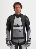 Alpinestars Harok V2 Drystar Jacket, Men's adventure motorcycle jacket in dark gray, ice gray, and black, featuring modular ventilation, waterproof construction, and CE certification worn by a model