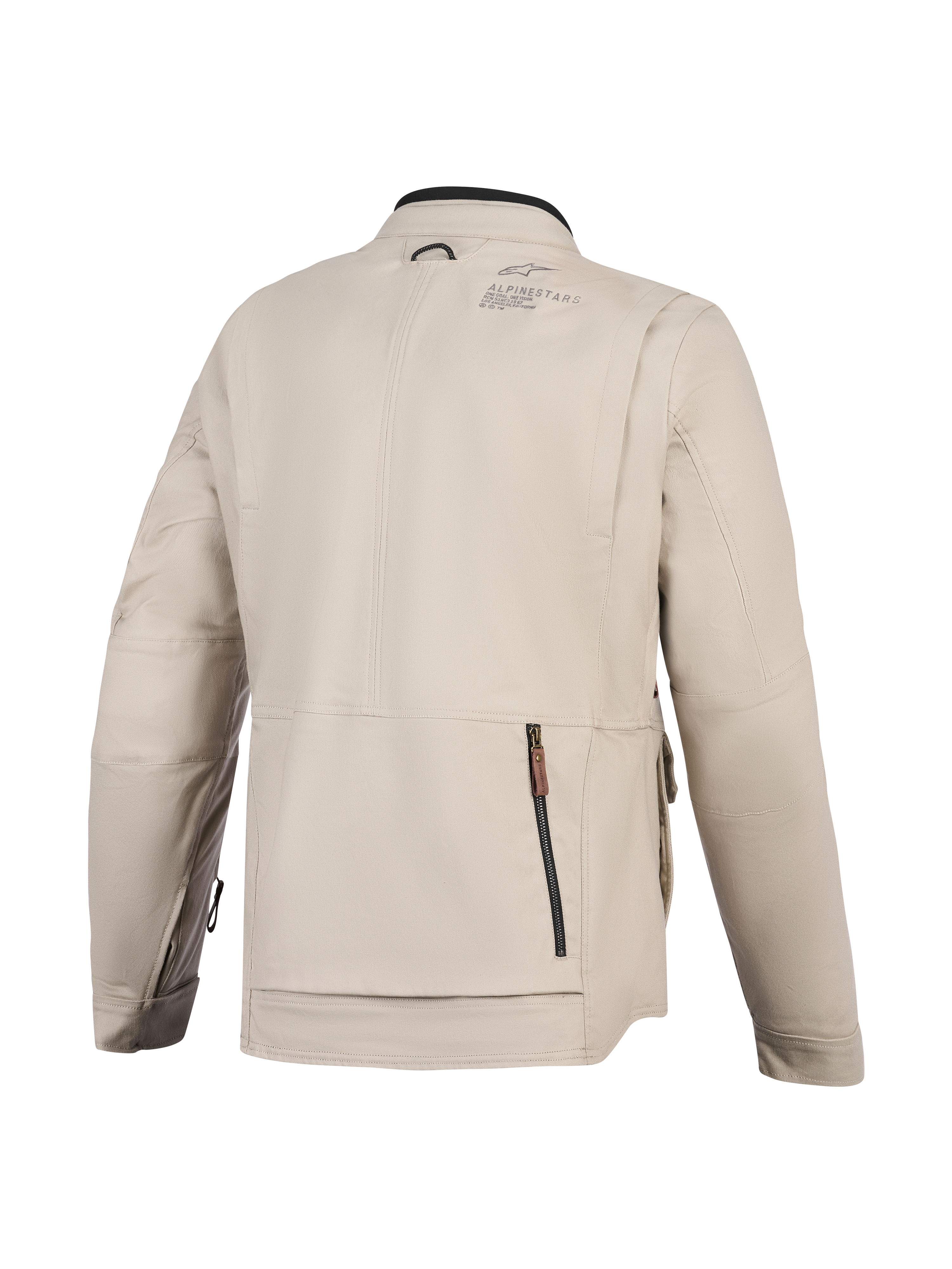 Alpinestars Borrego Drystar® Jacket, Motorcycle Jacket, Warm Gray, back view featuring a large rear zippered compartment, durable textile canvas construction with Alpinestars branding on the shoulder, adventure-ready design