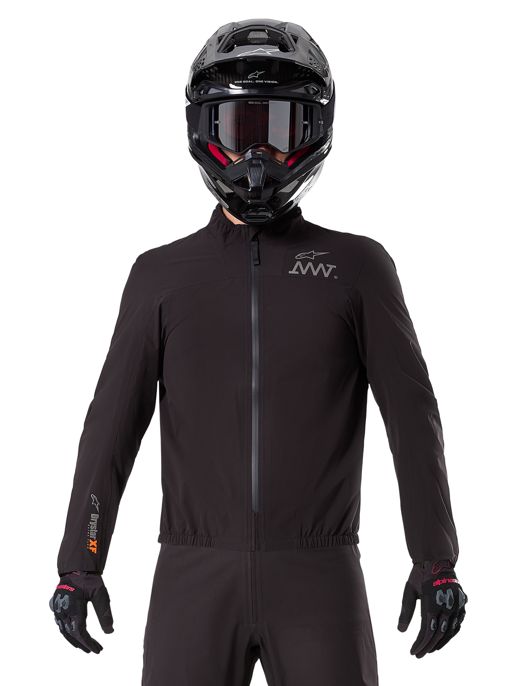 Alpinestars AMT-8 Stretch Drystar® XF Liner, black waterproof motorcycle liner, featuring a front zipper and elasticated waist, AMT logo on the chest and Drystar XF branding on the sleeve, worn with a black helmet and gloves.