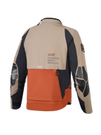 Alpinestars AMT-8 Stretch Drystar® XF Jacket, Walnut Rust Black, rear view showing tan and rust panels with black sleeves, Alpinestars Motion Technology branding on the back, reinforced elbow patches, and shingle-style back ventilation for adventure motorcycle riding.