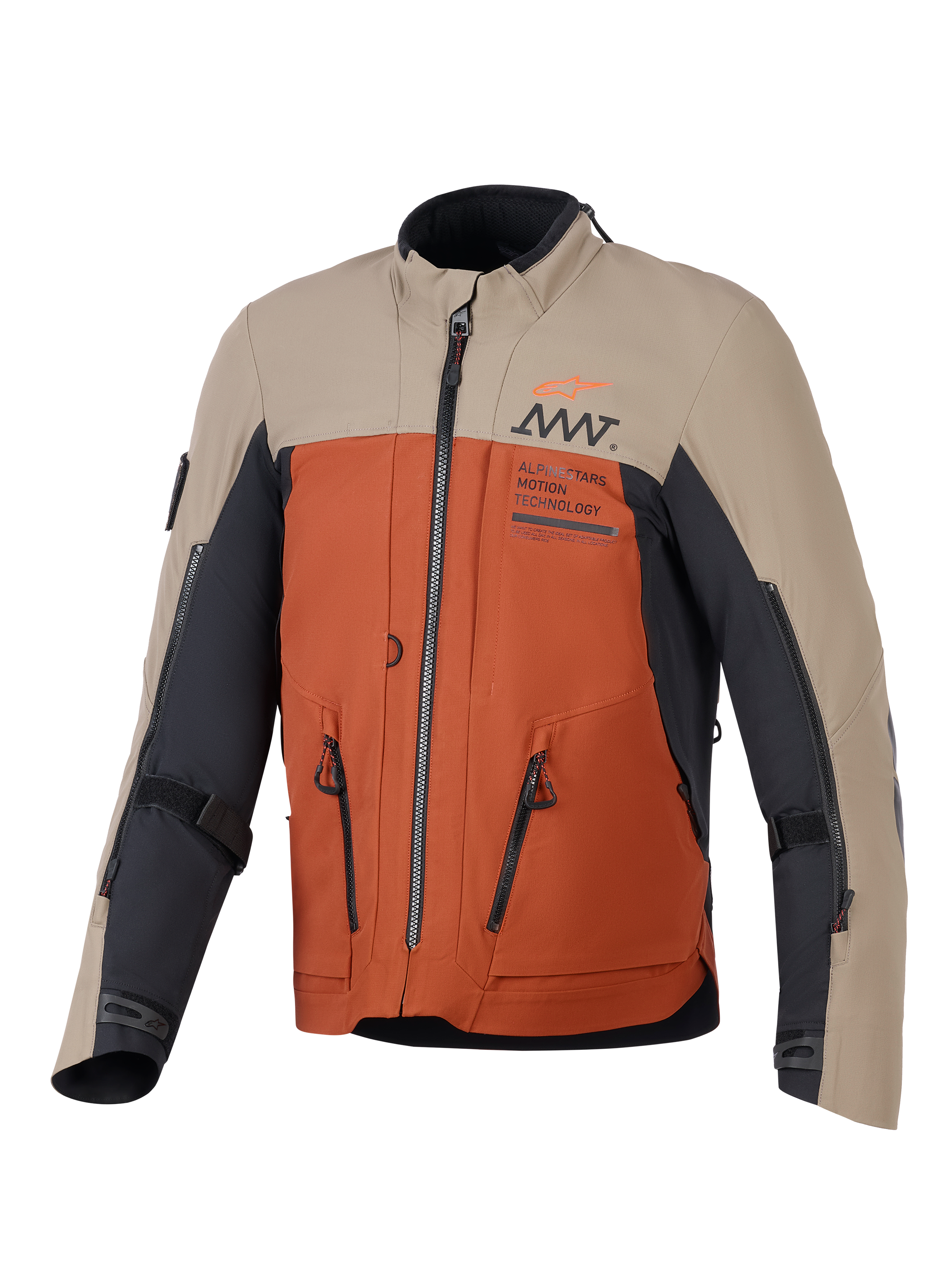 Alpinestars AMT-8 Stretch Drystar® XF Jacket, Adventure Motorcycle Jacket, Walnut Rust Black colorway, featuring tan upper panels, rust orange torso, and black accents, with prominent ventilation zippers and AMT branding on the chest