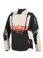 Alpinestars Halo Pro Drystar® XF Laminated Jacket, Back view, Mastic Black and cream textile construction, bold red 'stars' logo across the center, dual vertical zippers for modular ventilation, technical adventure motorcycle apparel