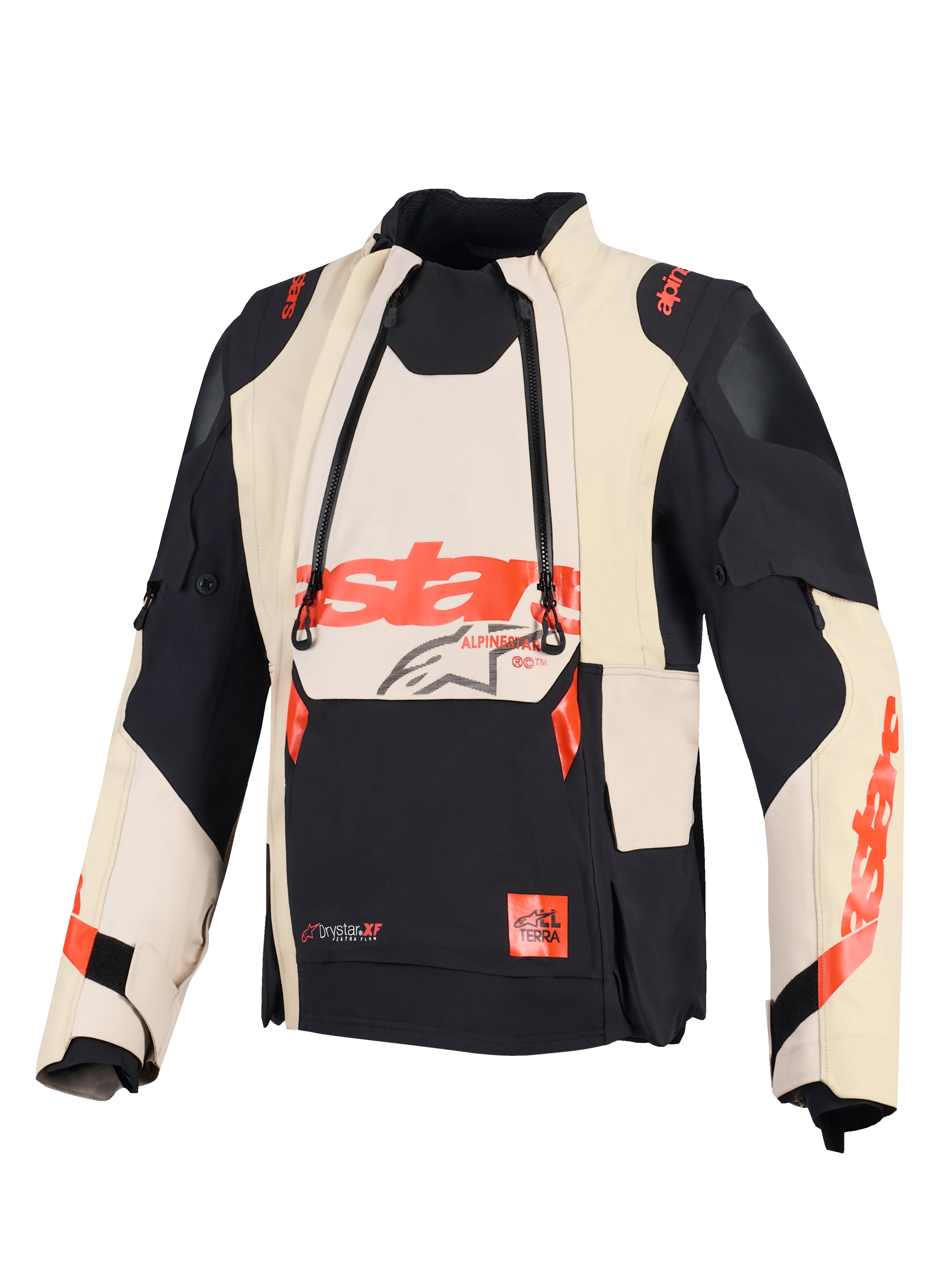 Alpinestars Halo Pro Drystar® XF Laminated Jacket, Adventure Motorcycle Jacket, Mastic Black, featuring modular front ventilation panels and red Alpinestars branding, technical textile design for versatile all-terrain riding
