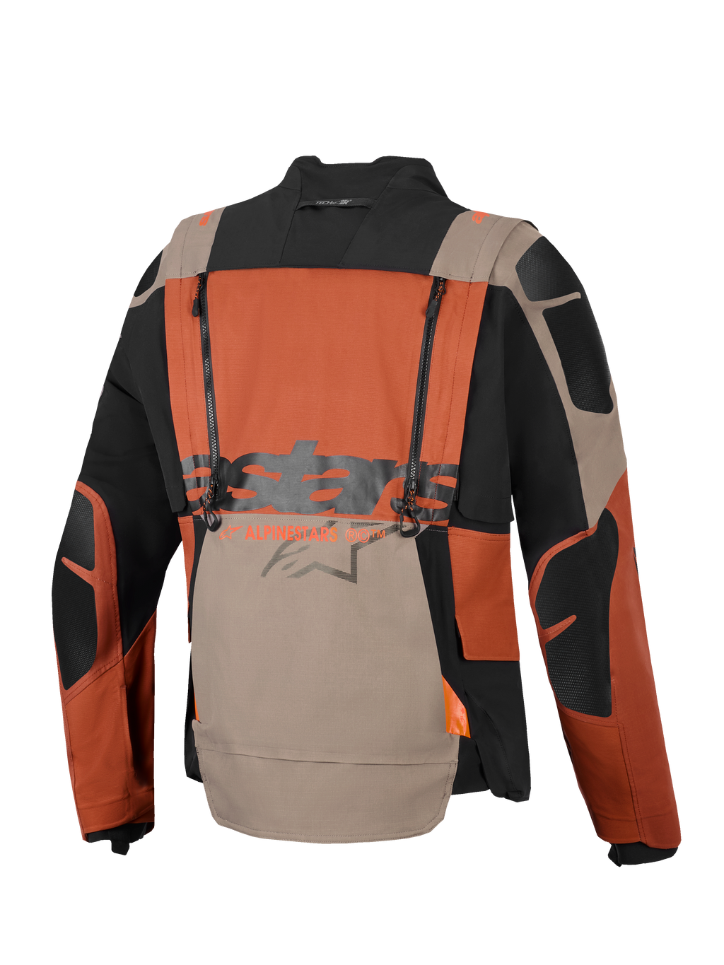 Alpinestars Halo Pro Drystar® XF Laminated Jacket, Adventure Motorcycle Jacket, Walnut Rust Black, back view featuring vertical ventilation zippers, large Alpinestars branding across the center, and durable ripstop textile construction