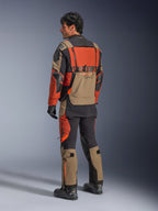 Alpinestars Halo Pro Drystar® XF Laminated Jacket, Walnut Rust Black adventure motorcycle jacket, back view worn with matching pants and black boots, featuring technical 3L stretch material, modular ventilation panels and orange branding on the rear