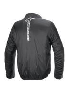 Alpinestars Hurricane Rain V2 Jacket, Waterproof Motorcycle Rain Jacket, Black, Rear view featuring a large vertical white Alpinestars logo and wordmark on the center back, lightweight laminated fabric with elasticated cuffs and waist