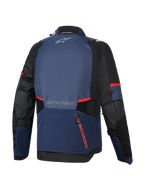 Alpinestars Andes V4 Drystar® Jacket, Back View, Night Navy Mood Indigo and Black, featuring red zipper accents and stripes, large rear waterproof compartment, Alpinestars logo on upper and lower back, technical textile adventure touring jacket.