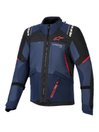 Alpinestars Andes V4 Drystar® Jacket, Motorcycle Jacket, Night Navy Mood Indigo and Black, front view showing red accents and white Alpinestars branding on chest and shoulders, durable textile gear for adventure motorcycle riding.