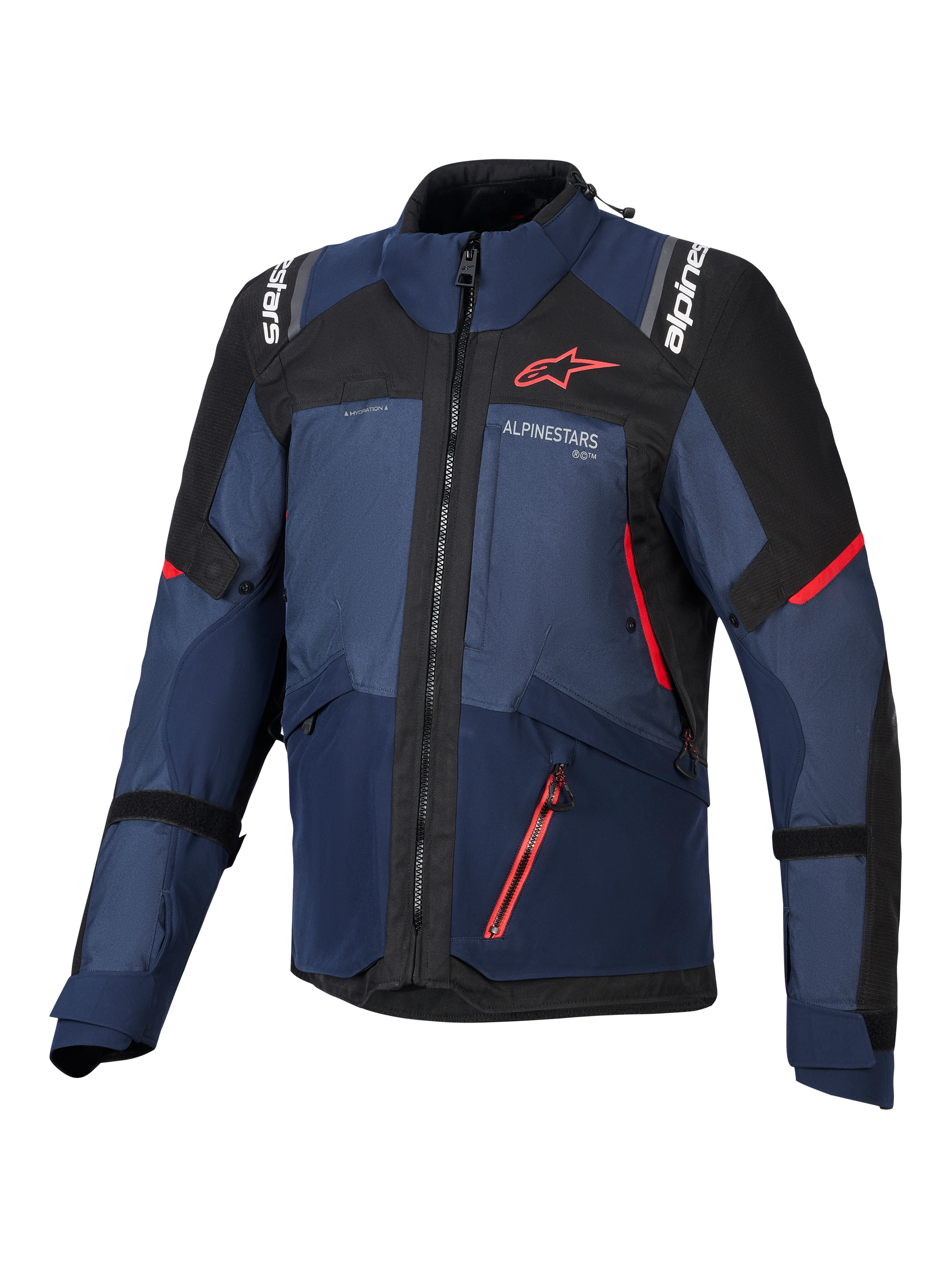 Alpinestars Andes V4 Drystar® Jacket, Motorcycle Jacket, Night Navy Mood Indigo and Black, front view showing red accents and white Alpinestars branding on chest and shoulders, durable textile gear for adventure motorcycle riding.